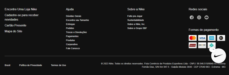 Esta é uma camptura de tela do footer do site da Nike, mostrando todos os seus elementos.